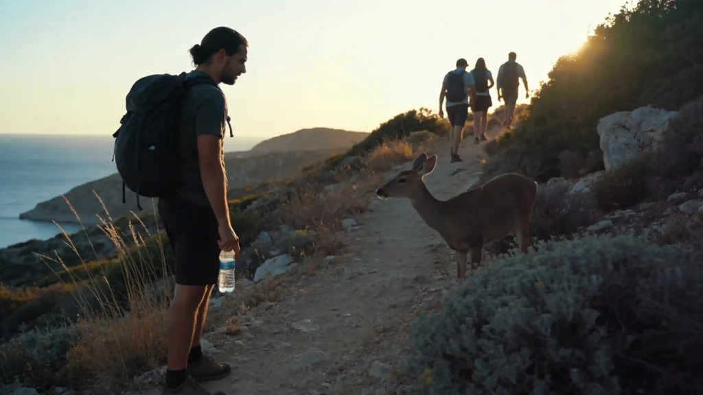 Des randonneurs avancent au crépuscule sur un sentier côtier bordé de maquis, tandis qu’un cerf apparaît.