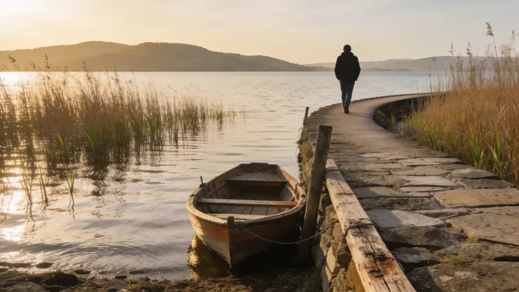 Rive paisible d’un lac lombard, avec barque en bois, roseaux et chemin de pierre au soleil de fin d’après-midi.