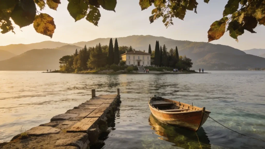 Une île boisée et sa villa claire se dessinent au loin depuis une rive paisible, baignées par la lumière dorée.