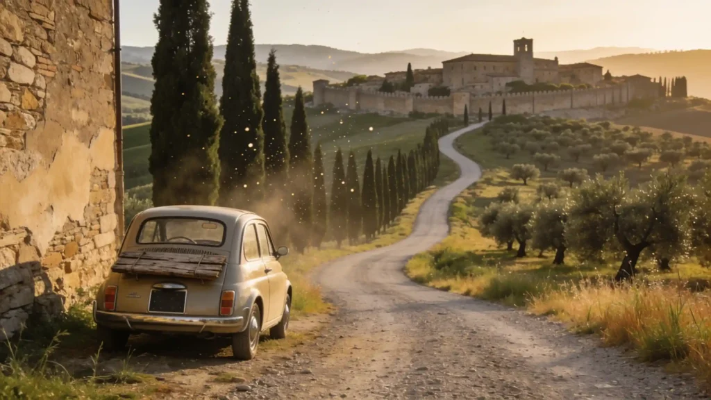 Route de campagne toscane bordée de cyprès, petite voiture ancienne garée, village médiéval au loin, lumière dorée du soir.
