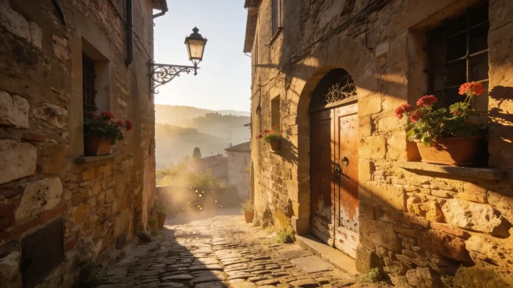 Ruelle médiévale toscane déserte au petit matin, lumière dorée sur les pierres anciennes, géraniums aux fenêtres, ambiance paisible et authentique.