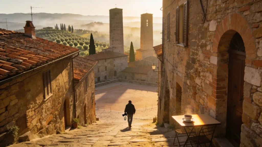 Ruelle médiévale toscane au lever du jour, un voyageur seul, tours anciennes et lumière dorée