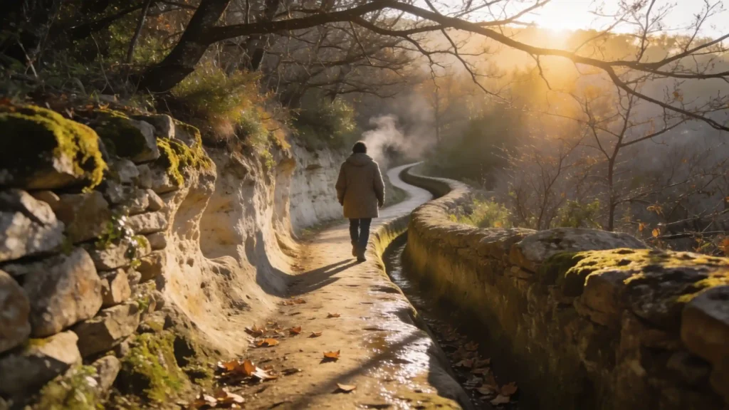 Sentier étrusque en tuf entre murs de pierre, lumière dorée d'hiver, promeneur au loin
