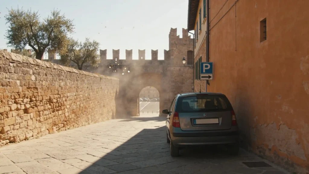 Shaded medieval alley with a car parked near a parking sign, ochre stone walls and terracotta roofs under the Tuscan sun