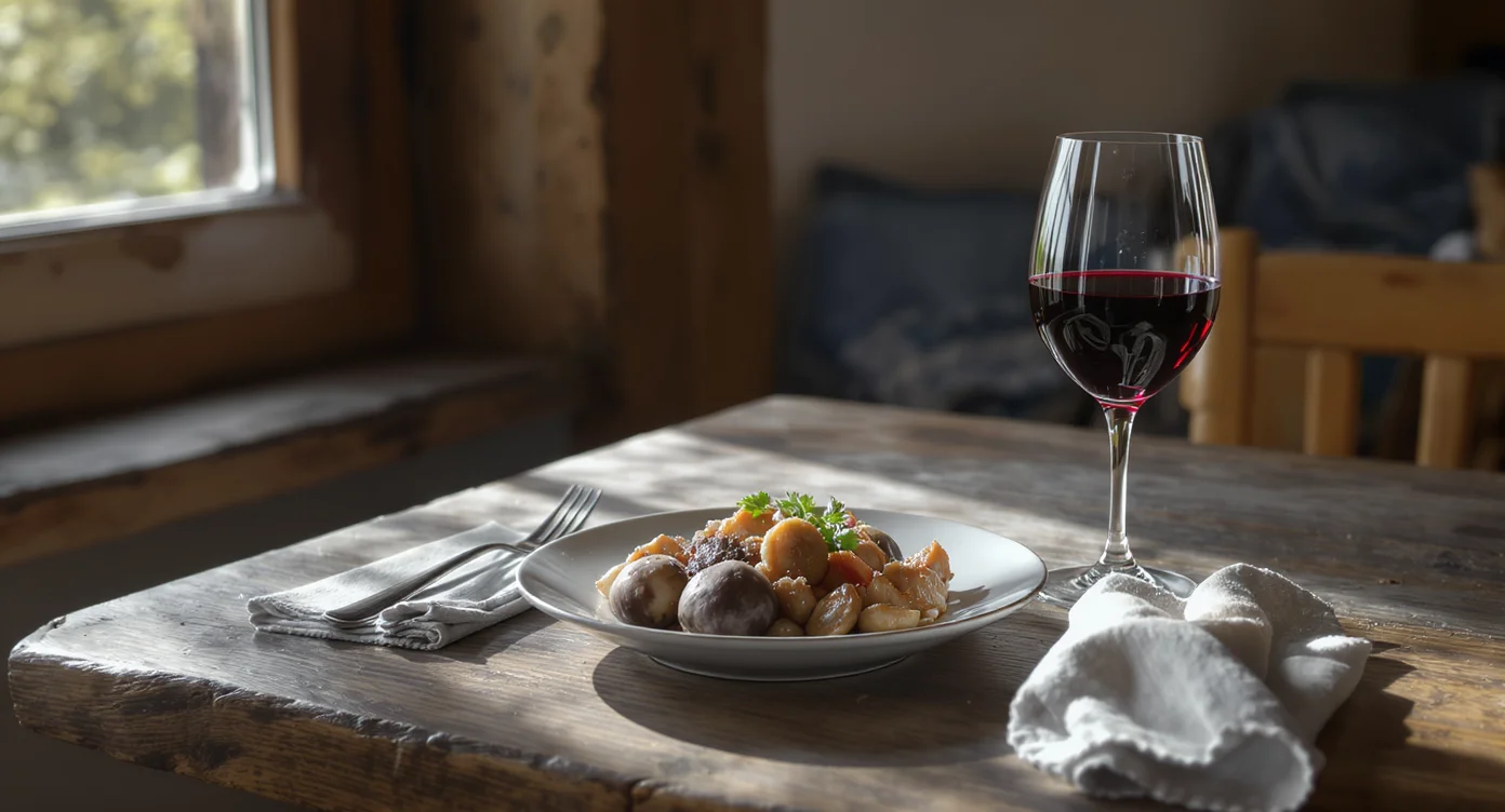 Table en bois du Mont Amiata avec assiette de châtaignes et cèpes, lumière naturelle