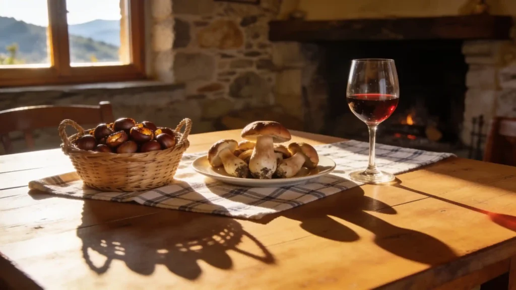 Table rustique en montagne avec châtaignes grillées, cèpes frais et verre de vin rouge, lumière dorée.