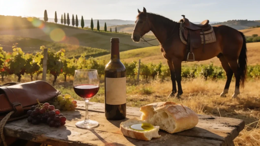 Table toscane avec vin rouge et pain, cheval sellé dans les vignes au soleil couchant