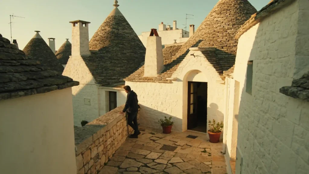 Maisons coniques en pierre sèche bordant une ruelle paisible d’un village des Pouilles