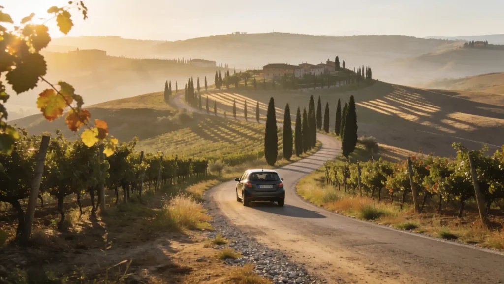 Route de campagne sinueuse en Toscane au lever du jour, avec une voiture de location entre vignes et cyprès.