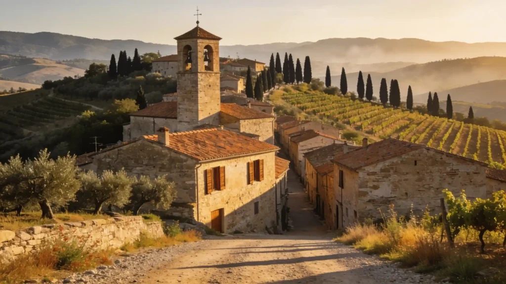 Village toscan de pierre sur une colline, vignes et cyprès baignés par la lumière dorée du soir.