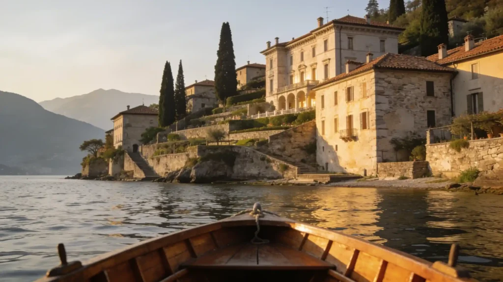 Depuis une barque, un village de pierre et une villa bordent un lac entouré de montagnes.