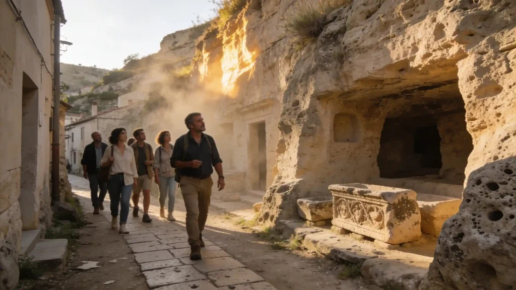 Un guide accompagne un petit groupe dans un village de tuf aux vestiges étrusques, à la lumière du soir.